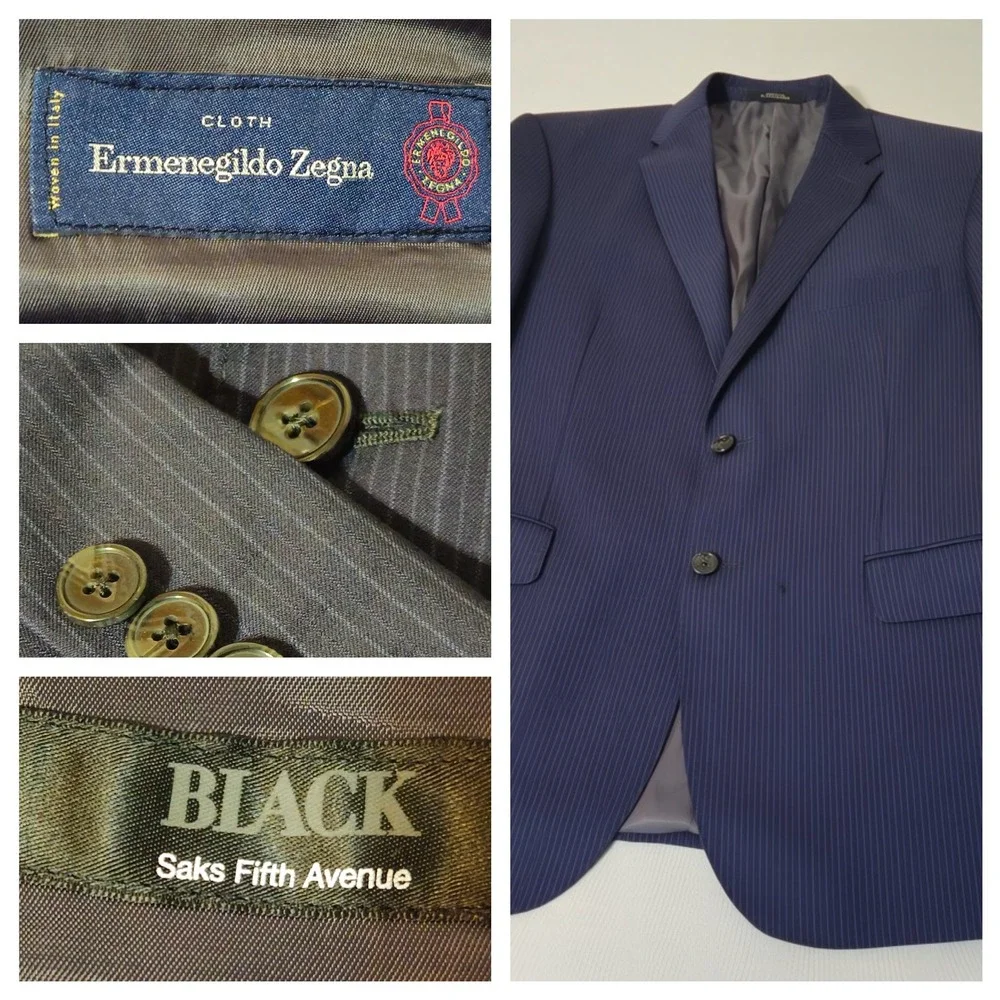 Saks Fifth Avenue Ermenegildo Zegna Blazer Mens Blue Pinstripe‎ Silk Wool Jacket